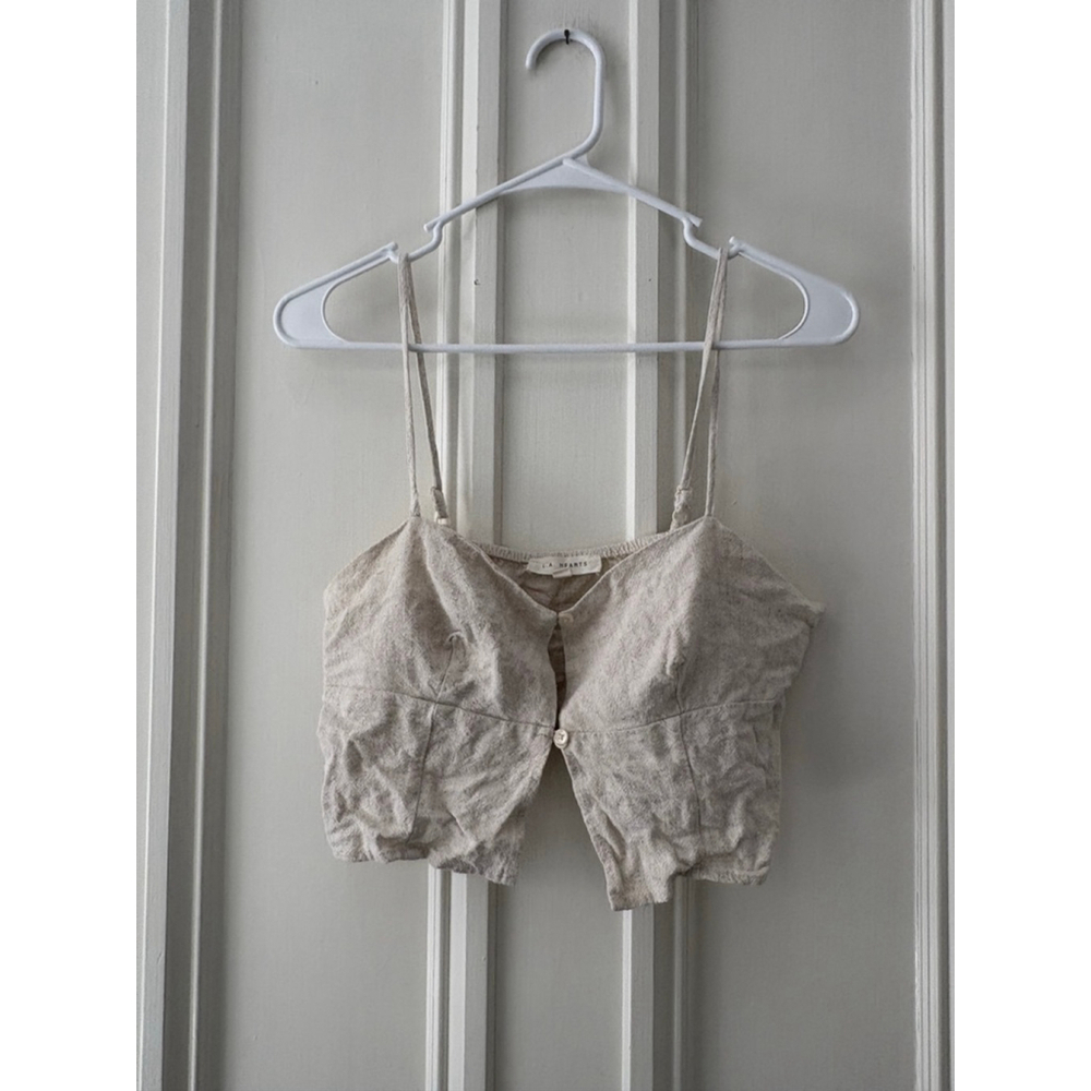 L.A. Hearts womens Beige Linen Blend Button Front Crop Top Juniors S